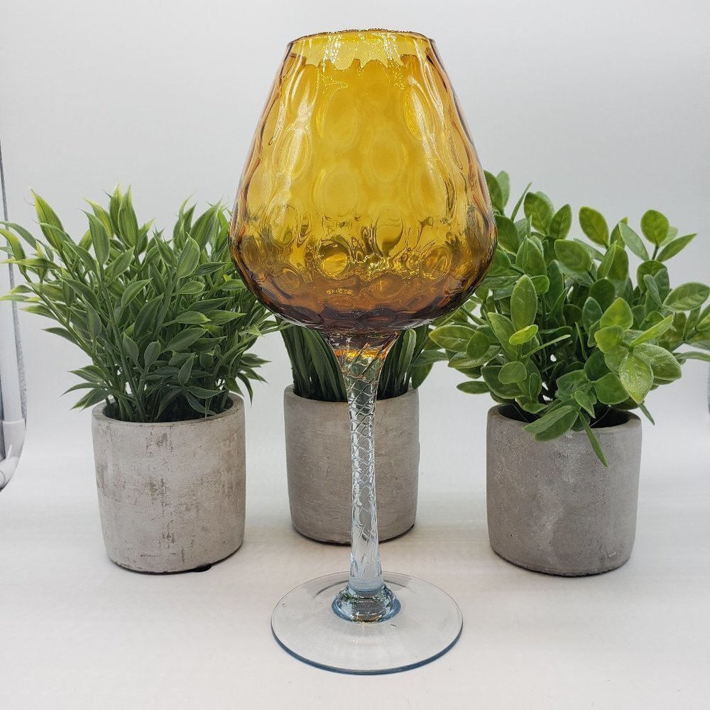 Vintage Amber Clear Stem Italian Empoli Art Glass Goblet